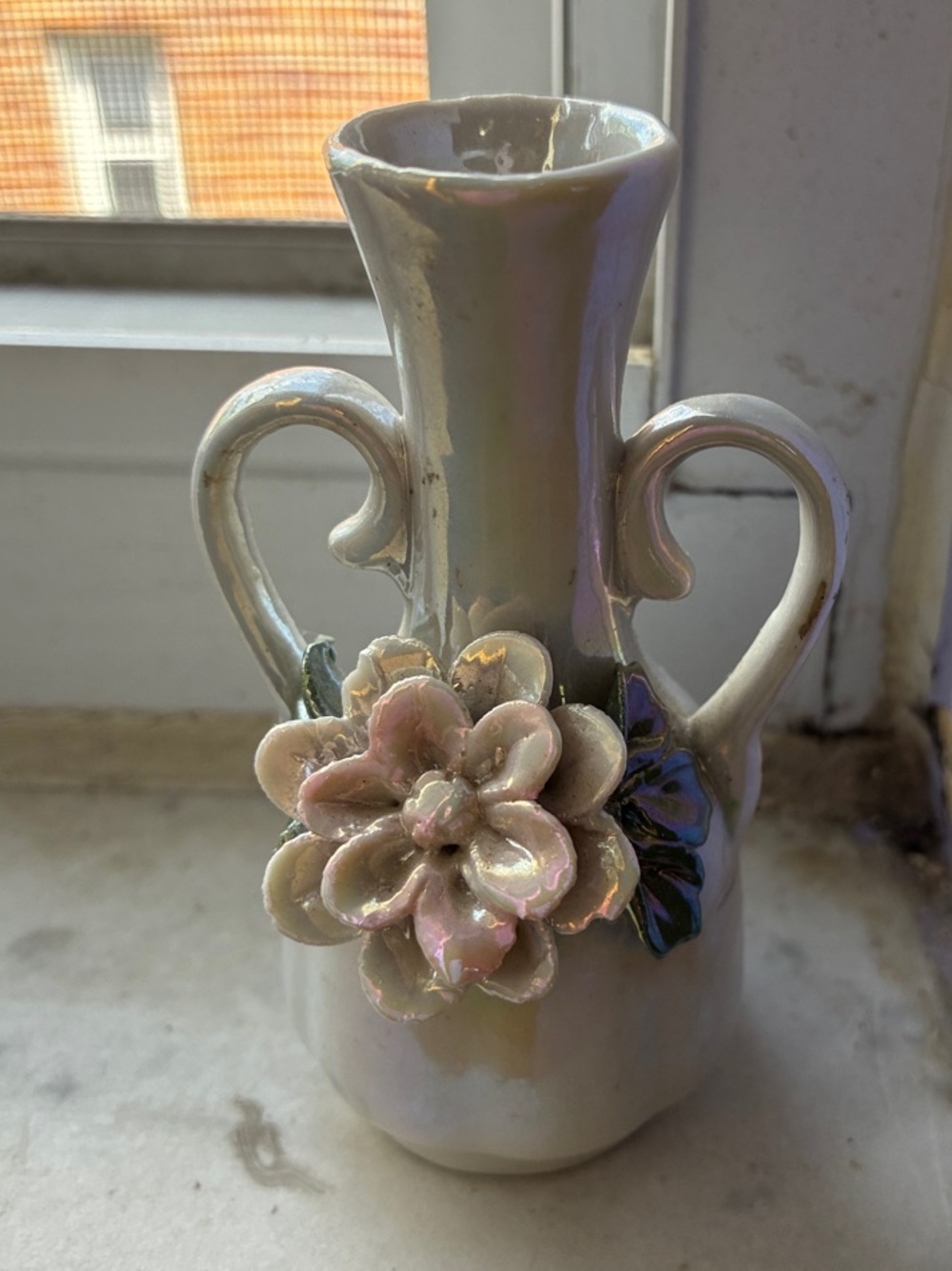 Iridescent White Ceramic Bud Vase with Pink Floral Accent